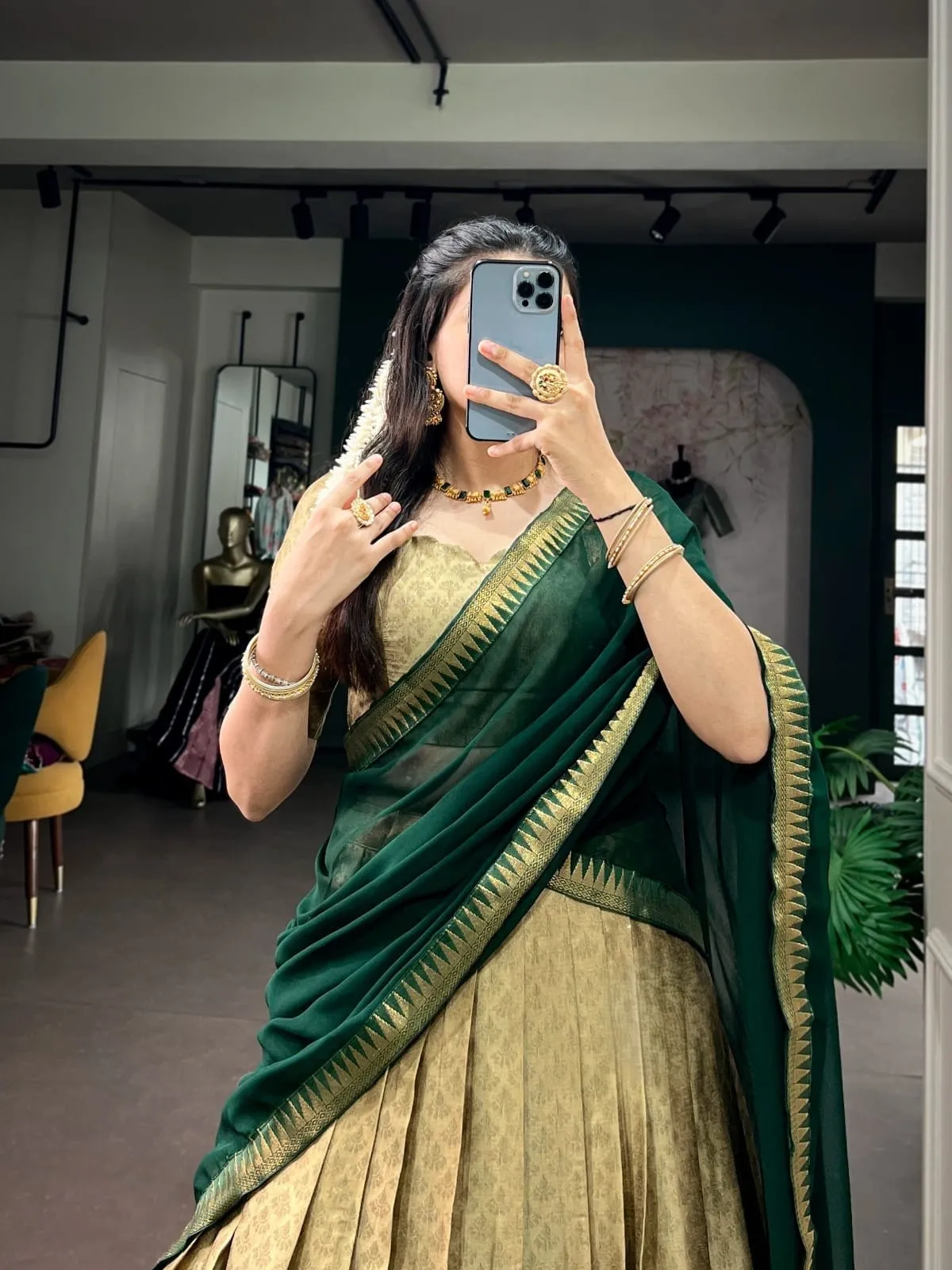 Green Poly Cotton Lehenga adorned with elegant Zari Weaving Work